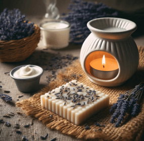 Handmade wax melts sprinkled with lavender on burlap, with a lit oil burner, cream, and lavender bunches, creating a tranquil and aromatic ambiance.