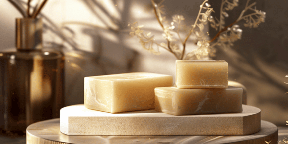 Handcrafted soap bars on a circular wooden pedestal, with a bronzed diffuser and dried plants in the background, illuminated by warm, dappled light.