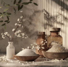 Elegant bath salts in wooden bowls and glass jars with wooden lids on a textured surface, complemented by a white vase with blossoming branches, in a softly lit environment