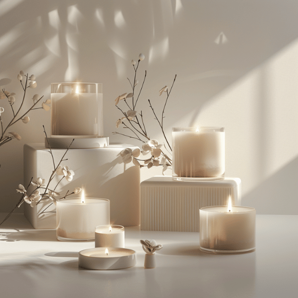 Assorted luxury candles with gentle flames on geometric stands, surrounded by dried flowers, casting soft shadows in a tranquil setting.